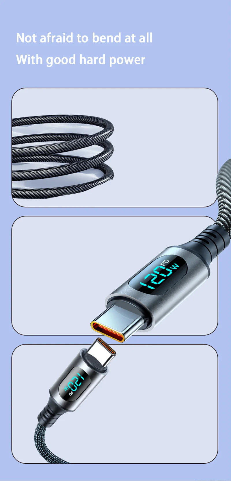 120W Cable Dual Digital Display Cable PD Fast Charging Highspeed Data Transfer USB Type C To Type-C Cable For Phone Macbook iPad
