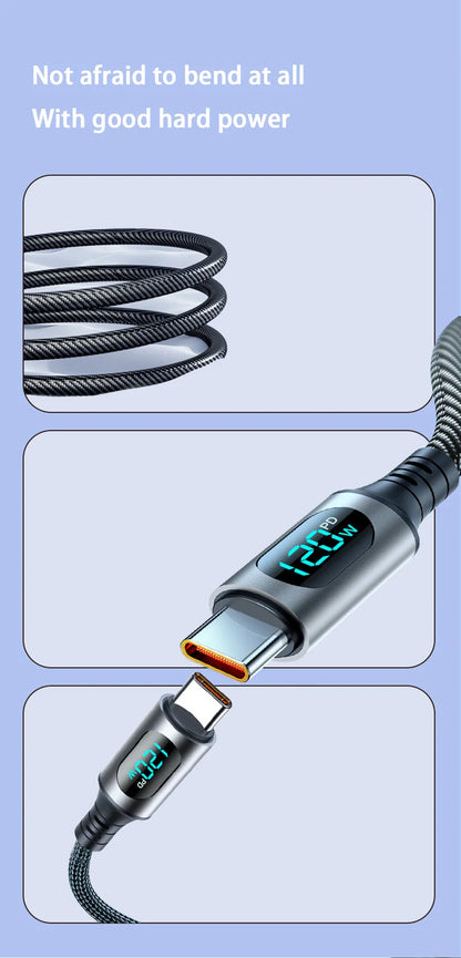 120W Cable Dual Digital Display Cable PD Fast Charging Highspeed Data Transfer USB Type C To Type-C Cable For Phone Macbook iPad
