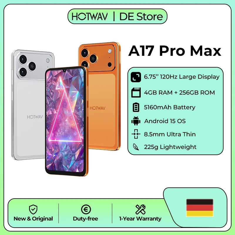 HOTWAV A17 Pro Max 6.75'' 120Hz Display Ultra-Thin Smartphone 4GB RAM 256GB ROM Android 15 Octa-core Mobile Phone 5160mAh 1080P Bluetooth 5.4 Cellphone with 3.5mm Headphone Jack