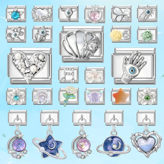 Wholeasle Shiny Zircon Shell Love Heart Devil Eyes Italian Charm Links Fit 9mm Stainless Steel Bracelet Women Jewelry DIY Making