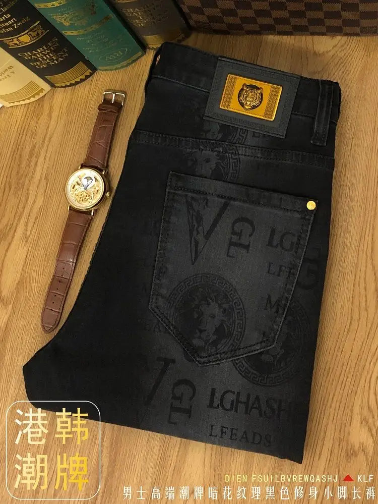 Spring and Autumn Korean Slim Jeans for Men 2025 High-end Luxury Clothing Black Printing Mid-waist Stretch Casual Pencil Pants