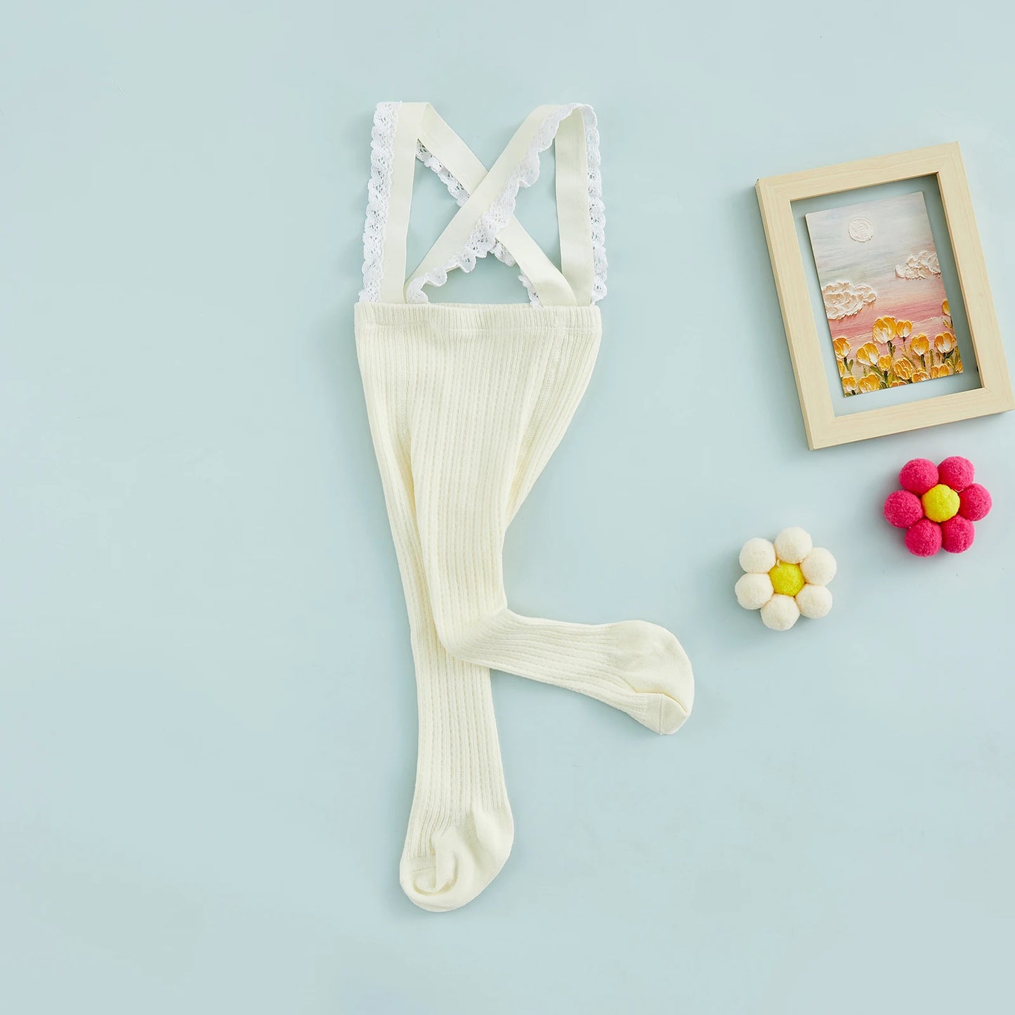 Infant Baby Girls Suspender Pantyhose, High Waist Lace Plain Rib Knitted Footed Leggings Tights 0-1Years