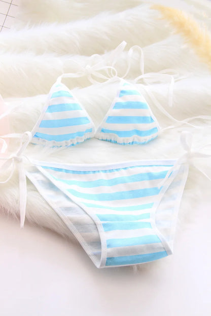 Lace-up Strap Blue and White Striped Set, Blue and White Fat Inner Two-piece Set Womens Lingerie Set  Bra Set  Sexy