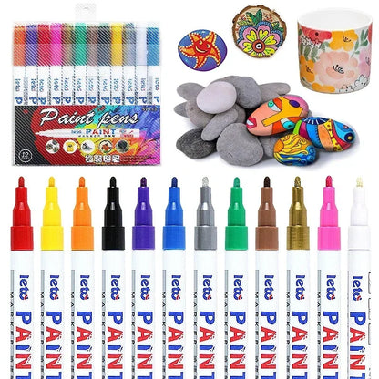 12PCS Waterproof Car Wheel Tire Oily Mark Pen Auto Rubber Tyre Colorful Permanent Painting Pen Graffiti Touch Up Paint Mark Pen