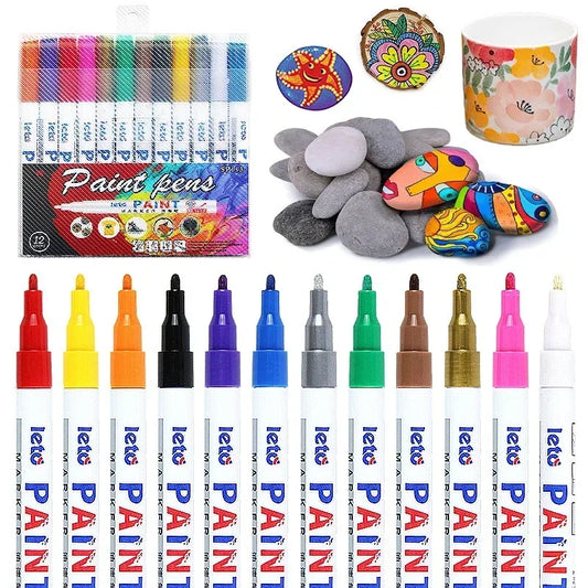 12PCS Waterproof Car Wheel Tire Oily Mark Pen Auto Rubber Tyre Colorful Permanent Painting Pen Graffiti Touch Up Paint Mark Pen