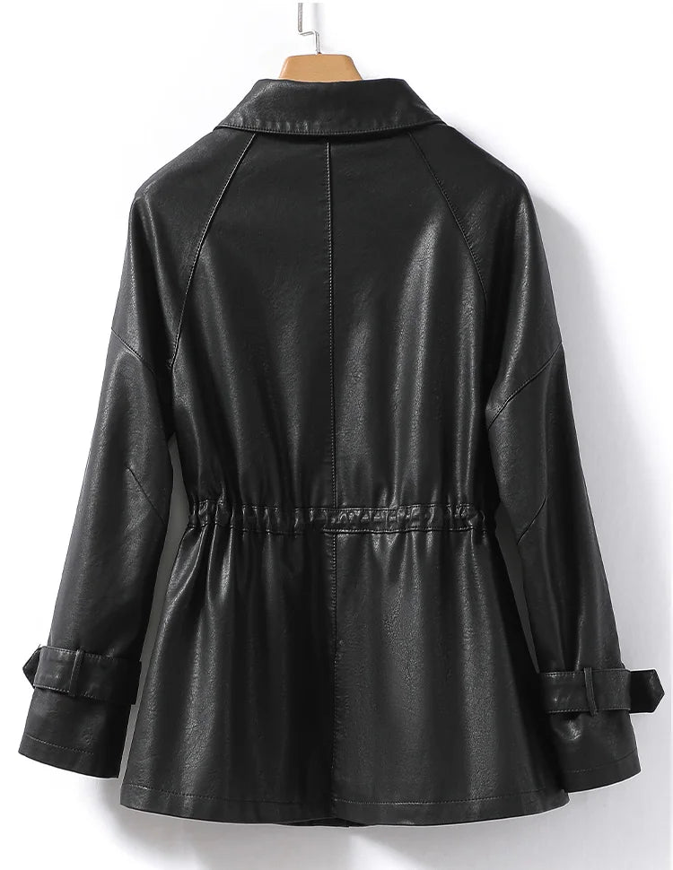 M-4XL Women's Sheepskin Coat Fashion Khaki Zipper Elastic Waist Female Long Sleeve Casual Loose Split Leather Jackets 2024 New