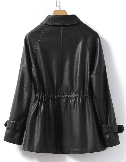 M-4XL Women's Sheepskin Coat Fashion Khaki Zipper Elastic Waist Female Long Sleeve Casual Loose Split Leather Jackets 2024 New