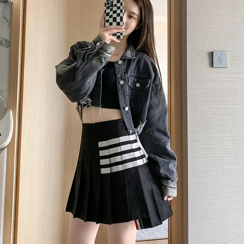Korea Style Fashion Black Pleated Skirt for Girls Grey A Line High Waist Y2k Mini Saias Casual Women's Skirt Spring Summer