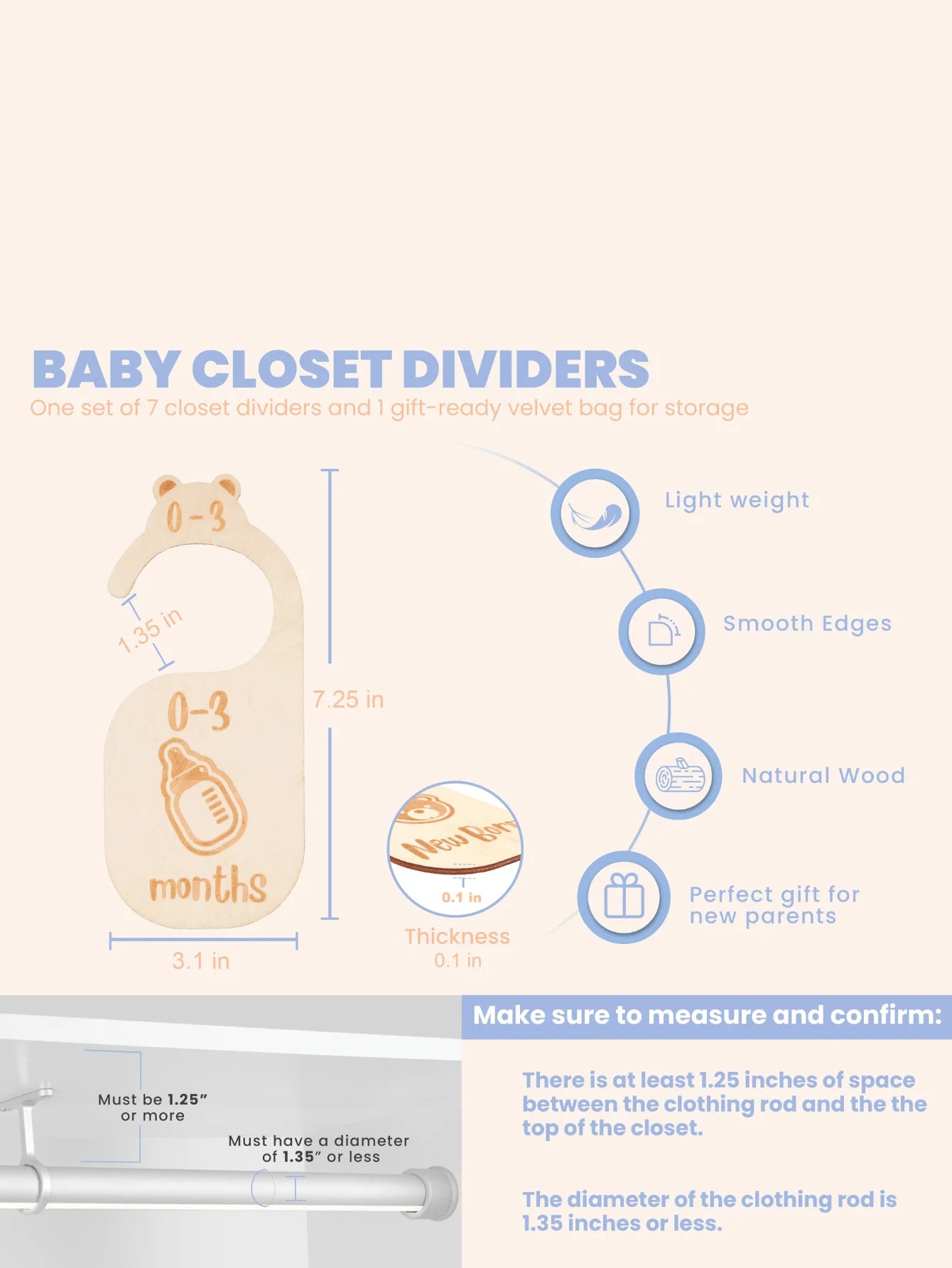 1 Set/7pcs Beautiful Wooden Baby Closet Dividers - Cute Bear Design For Newborn To 24 Months Size Clothes