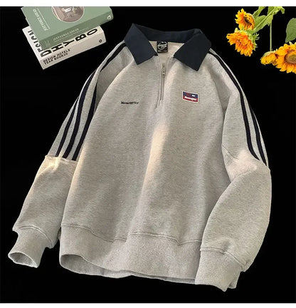 American Style Autumn Winter Oversize Sweatshirts Men Lapel Letter Zipper Printing Label Fashion Trend Long Sleeve Loose Hoodies