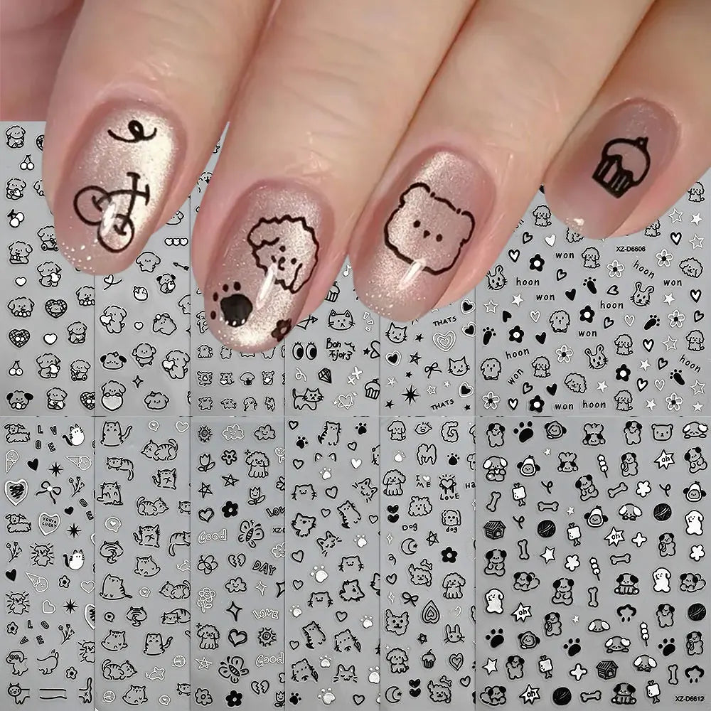 12pcs/set Cute Cartoon Dog/Cat Nail Art Stickers 3D Graffiti Black Cat Dog  Nail Decals 8*10cm Self-Adhesive Cartoon Nail Art Su