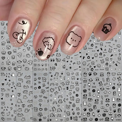 12pcs/set Cute Cartoon Dog/Cat Nail Art Stickers 3D Graffiti Black Cat Dog  Nail Decals 8*10cm Self-Adhesive Cartoon Nail Art Su
