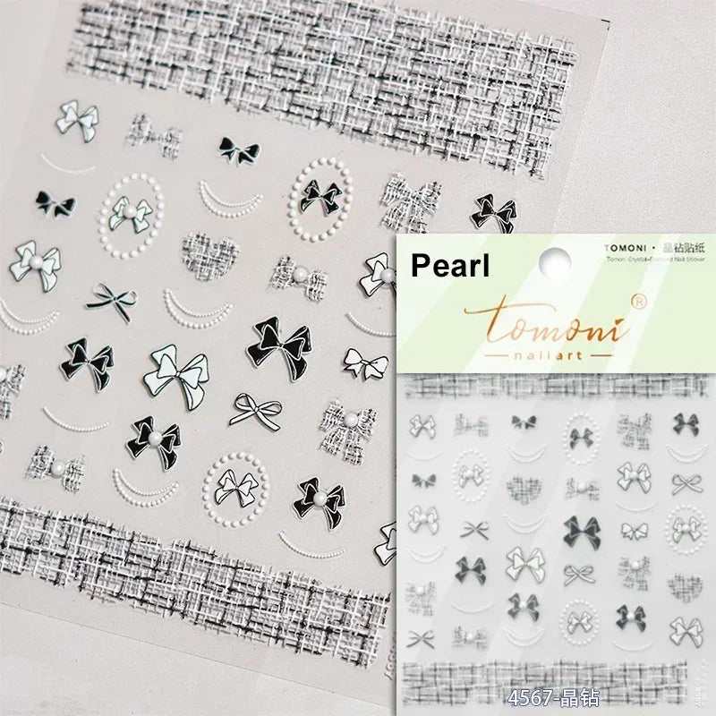 1pcs 5D Diamond Japanese White Lace Bow Nail Art Stickers Pearl Rhinestones Nail Decoration Adhesive Decals Slider DIY Accessory