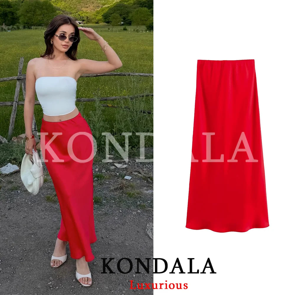 KONDALA Vintage Satin Solid Long Skirts Women High Waist Elastic Silky Skirts Fashion 2025 Spring Elegant Straight Skirts