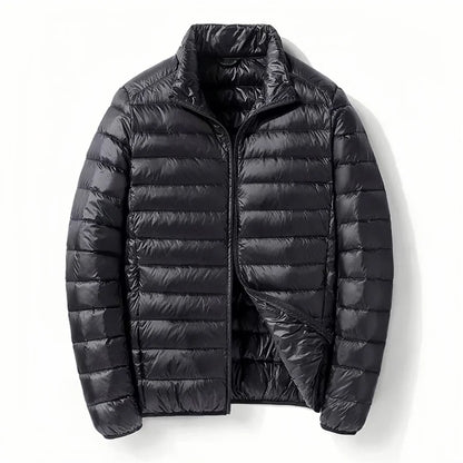 Men White Duck Down Jacket Warm Hooded Ultra Lightweight Packable Coat Winter Water and Wind-Resistant Breathable Down Jacket
