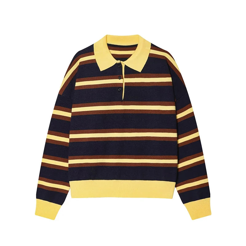 Sweater knitted Pullover Women's Spring 2026 New Fashion Striped Loose Polo neck Warm Women Sweater Chic Youth Holiday Pullover