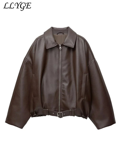 Street Women's Belt Leather Jackets Loose Lapel Zipper Long Sleeve Pockets Female Coats 2026 Autumn Lady Fashion Y2k Outwear
