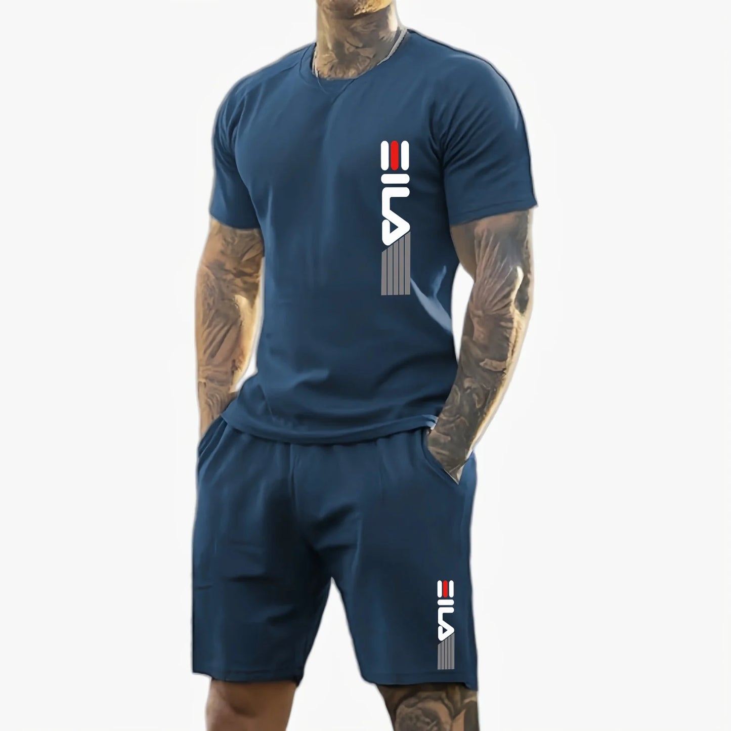 Men 2025 summer new casual sports suit Fashion breathable outdoor men's short-sleeved T-shirt + training shorts two-piece set