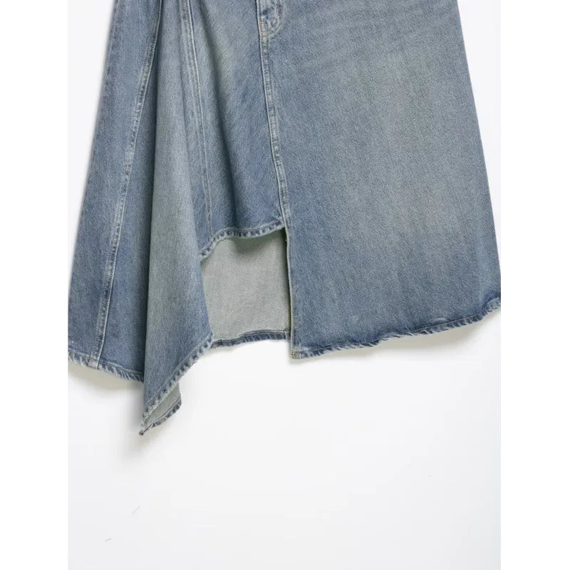 Women'sAsymmetric Denim Skirt New Spring Casual Mid Waist Pocket Women Lace Skirts Fashion Female Chic Skirts