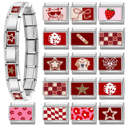 Y2K Red Pink Heart Dog Cat Flowers Italian Charm Link Fit 9mm Stainless Steel Jewelry DIY Making Bracelets For Gifts