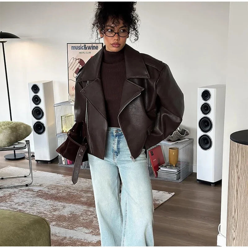 Retro Brown Lace Up Lapel Leather Jacket Women Fashion Zipper Pocket Full Sleeve Short Coat 2025 New Autumn High Street Outwears