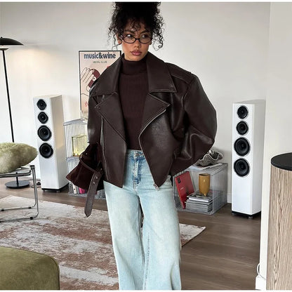 Retro Brown Lace Up Lapel Leather Jacket Women Fashion Zipper Pocket Full Sleeve Short Coat 2025 New Autumn High Street Outwears
