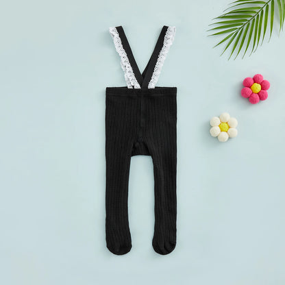 Infant Baby Girls Suspender Pantyhose, High Waist Lace Plain Rib Knitted Footed Leggings Tights 0-1Years