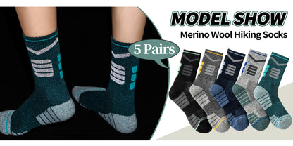 5 Pairs Merino Wool Hiking Reflective Socks Outdoor Night Men&Women Trail Running Cycling Trekking Moisture Wicking Cushion Crew Socks