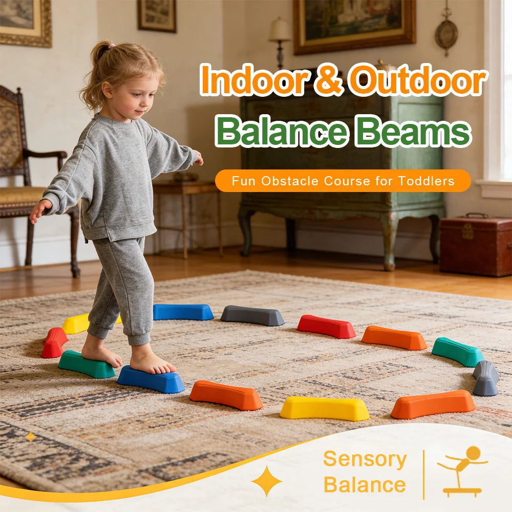 12 Pcs Balance Stepping Stones for Kids Sensory Integration Training Obstacle Course Indoor Outdoor Play Safe Stackable Tactile Beam for Toddlers Children