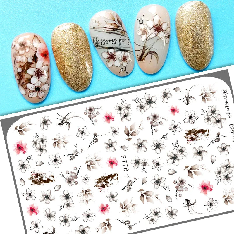 Black and White Love Flowers Line Art 3D Stickers Nail Decals Nail Art Accessories Butterfly Rose Nail Stickers Nail Sliders