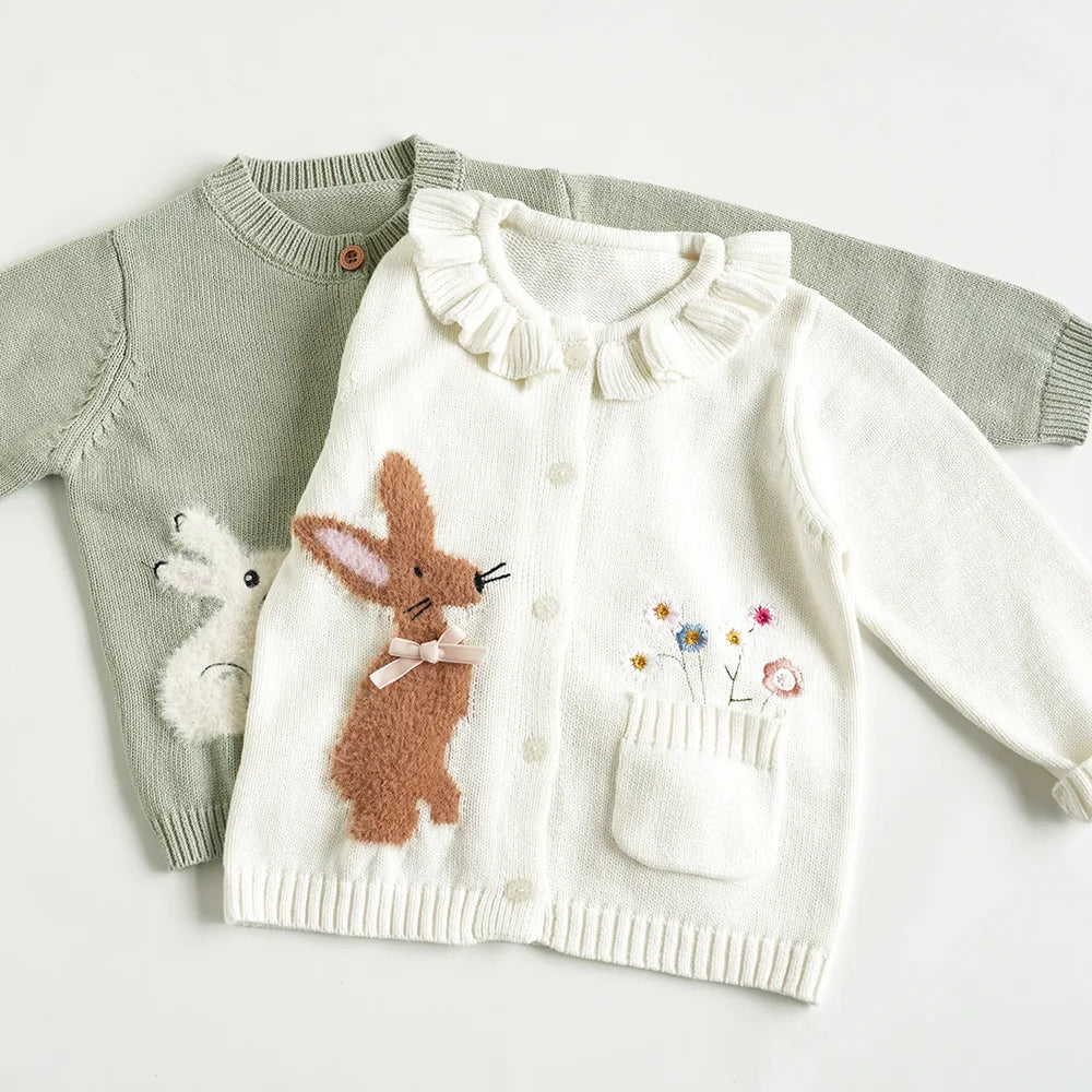 Baby Girls Embroidery Sweater Cardigan Autumn Fashion Cotton Floral Collar Kids Knitted Cardigan Rabbit Coat Outerwear Korean