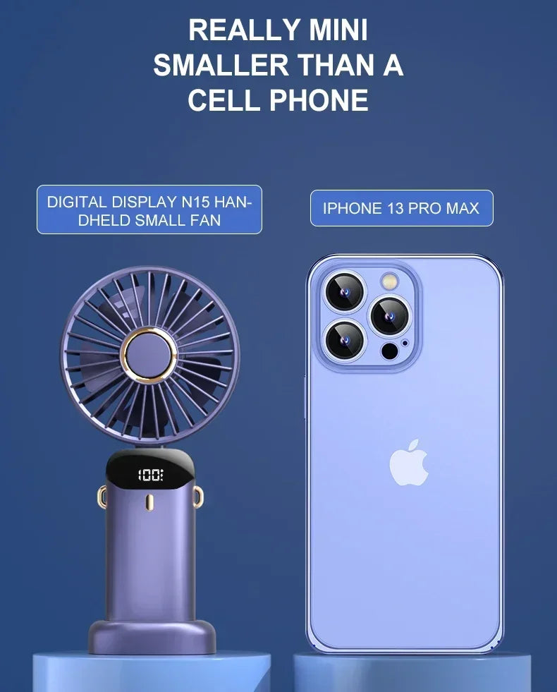 Mini Portable Handheld Fan Foldable Neck Hanging Fans 5 Speed USB Rechargeable Fan with Phone Stand and Display Screen 1800mAh