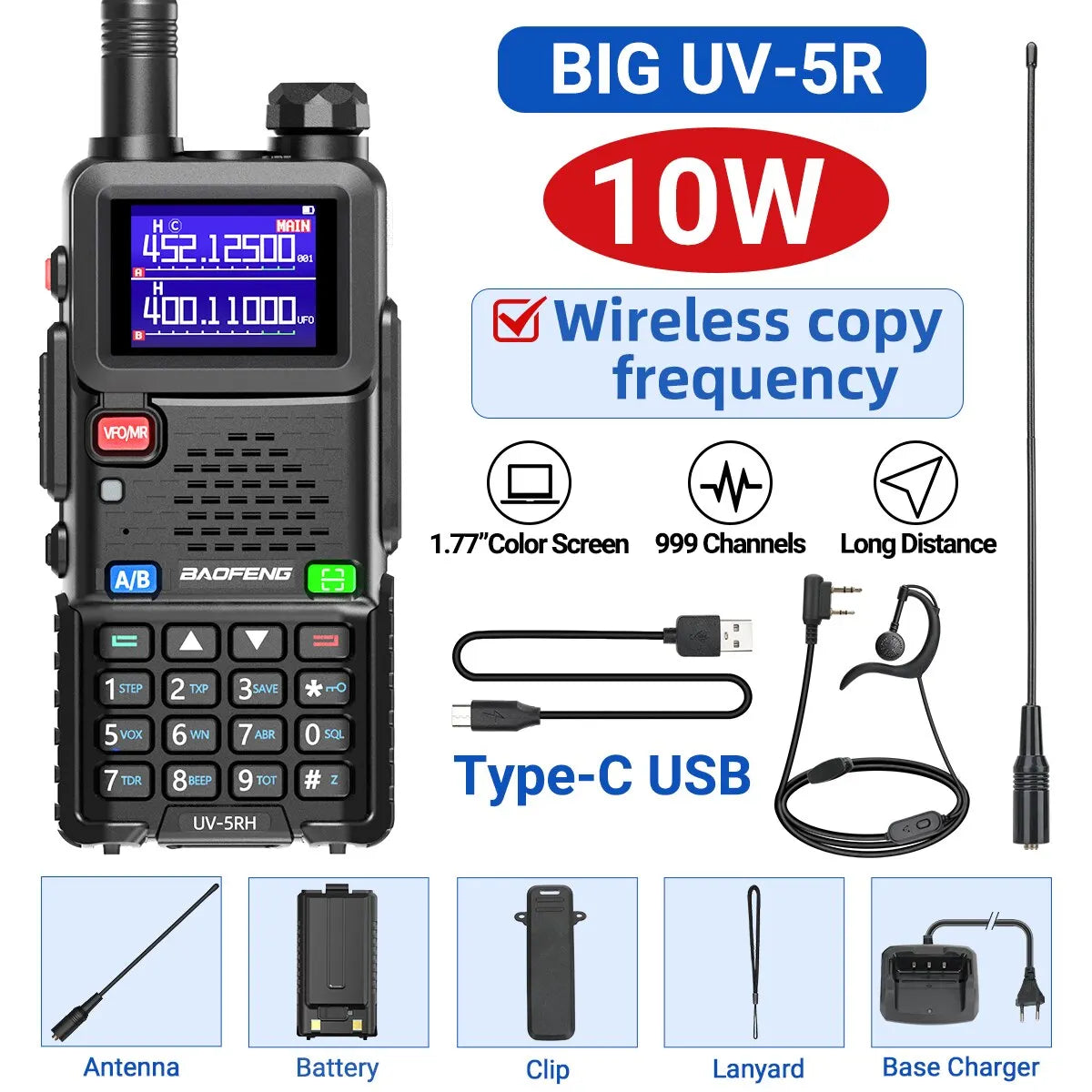 Baofeng UV 5RH 10W Full Bands Walkie Talkie Wirless Copy Frequency Type-C Charger Upgraded UV 5R Transceiver Ham Two Way Radio