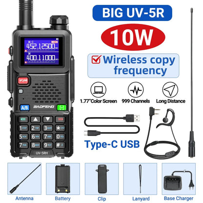 Baofeng UV 5RH 10W Full Bands Walkie Talkie Wirless Copy Frequency Type-C Charger Upgraded UV 5R Transceiver Ham Two Way Radio