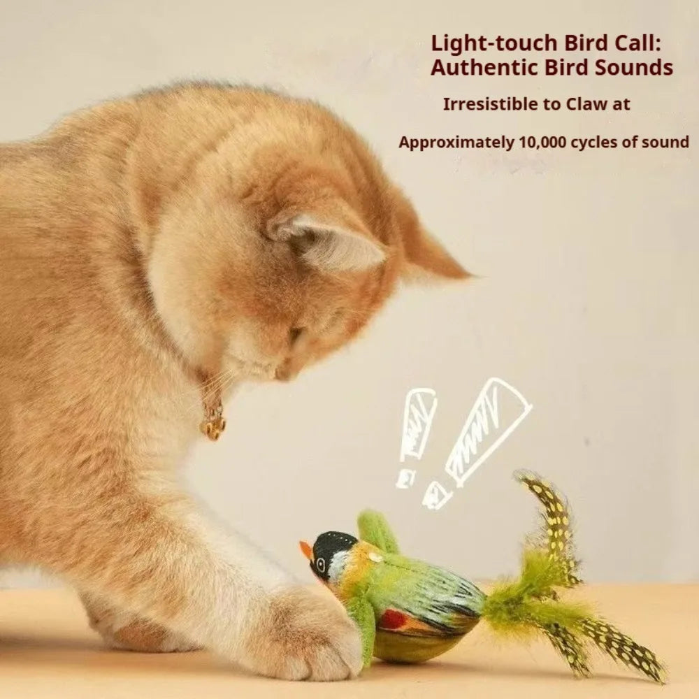 Bird Sound Cat Toy Brown Green Blue Color Options and Combination Set Plush Feather Hanging Teaser for Indoor Cats Chasing Play