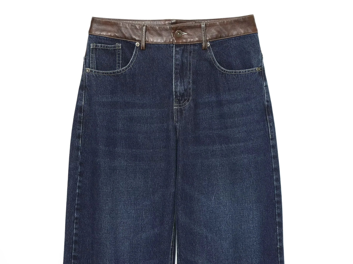 Female Vintage Leather Pocket Jeans Women Blue Zipper Straight Loose Trousers Lady New Fashion Daily Casual Spring Pants 2026