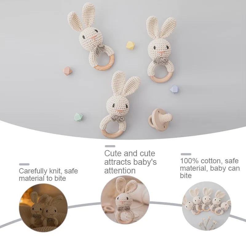Baby Rattles Crochet Bunny Rattle Toy Wood Ring Baby Teether Rodent Baby Gym Mobile Rattles Newborn Educational Toys Gifts 1pc