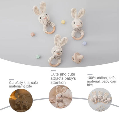 Baby Rattles Crochet Bunny Rattle Toy Wood Ring Baby Teether Rodent Baby Gym Mobile Rattles Newborn Educational Toys Gifts 1pc