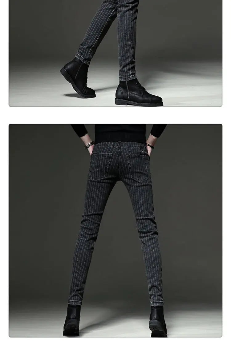 Men's Striped Slim Stylish Casual Pencil Pants Jeans Spring Autumn Korean Trendy Fashion Brand New Elastic Striped Long Trousers