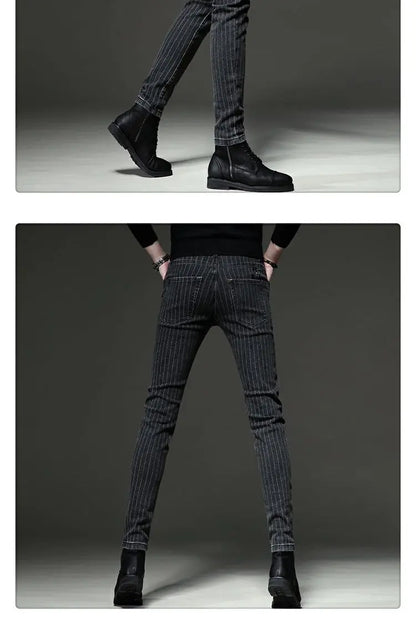 Men's Striped Slim Stylish Casual Pencil Pants Jeans Spring Autumn Korean Trendy Fashion Brand New Elastic Striped Long Trousers