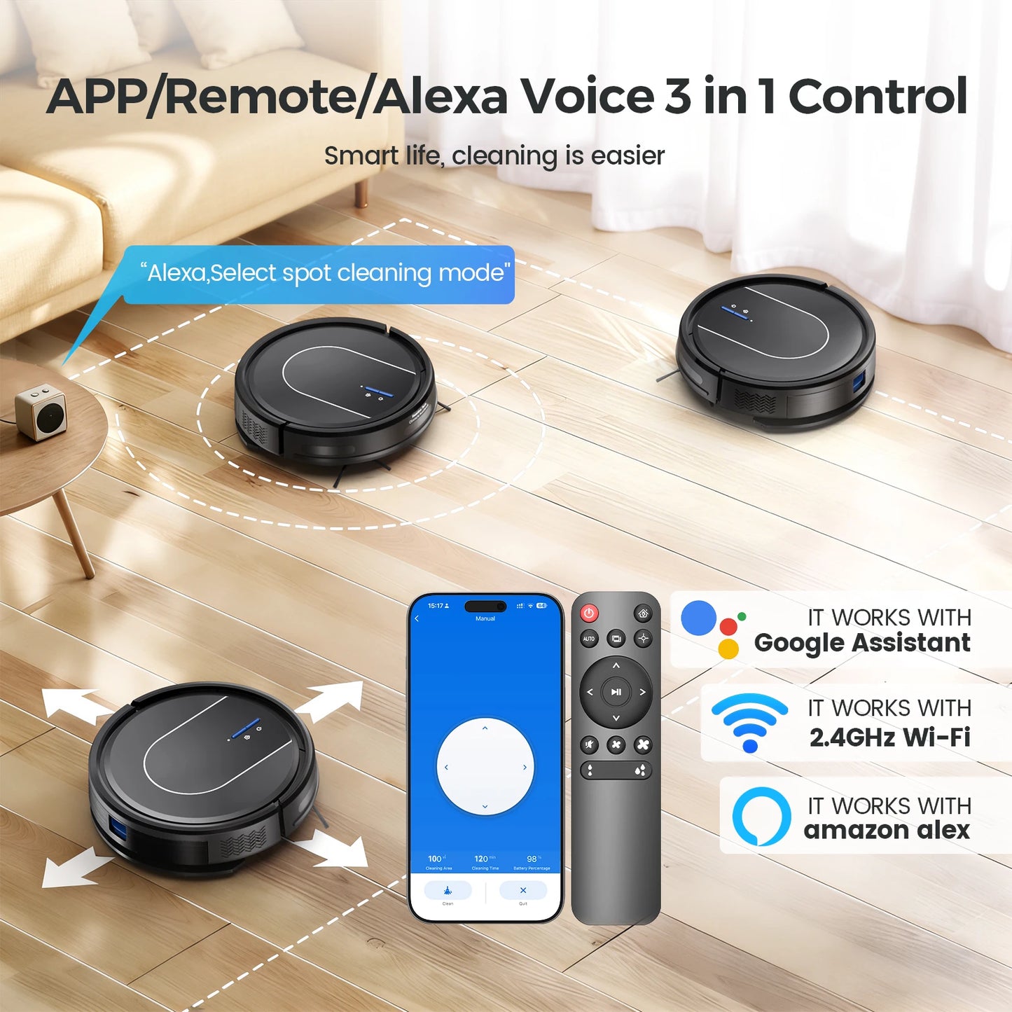 Vastorm E2 Robot Vacuum Cleaner 3-in-1 Floor Mop 5000Pa Powerful Suction with Auto-Charging Alexa/WiFi/App Control for Pet Hair Floors Cleaning