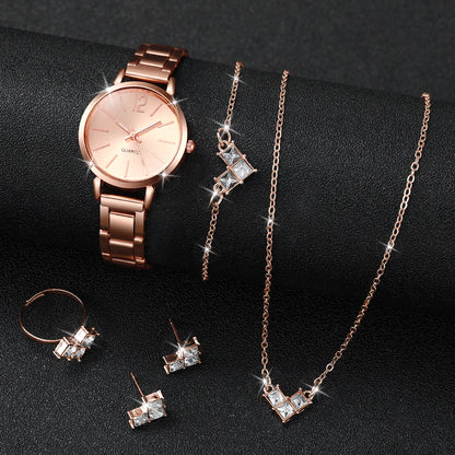 6PCS/Set Fashion Women's Quartz Watch Stainless Steel Band Wrist Watches Diamond Jewelry Set(Without Box)
