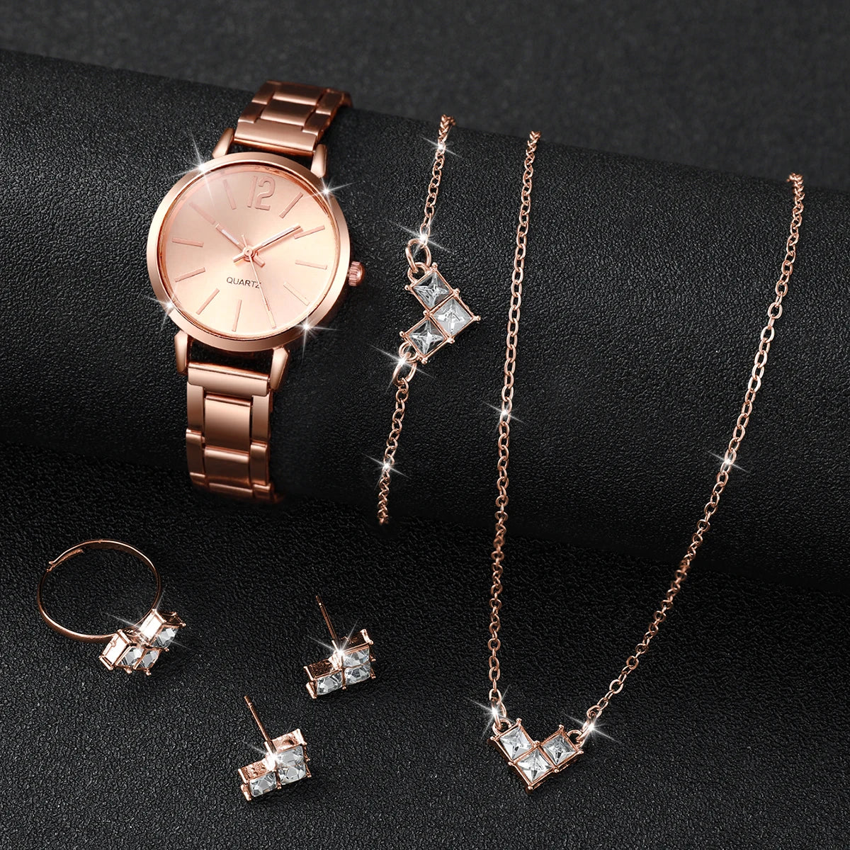 6PCS/Set Fashion Women's Quartz Watch Stainless Steel Band Wrist Watches Diamond Jewelry Set(Without Box)