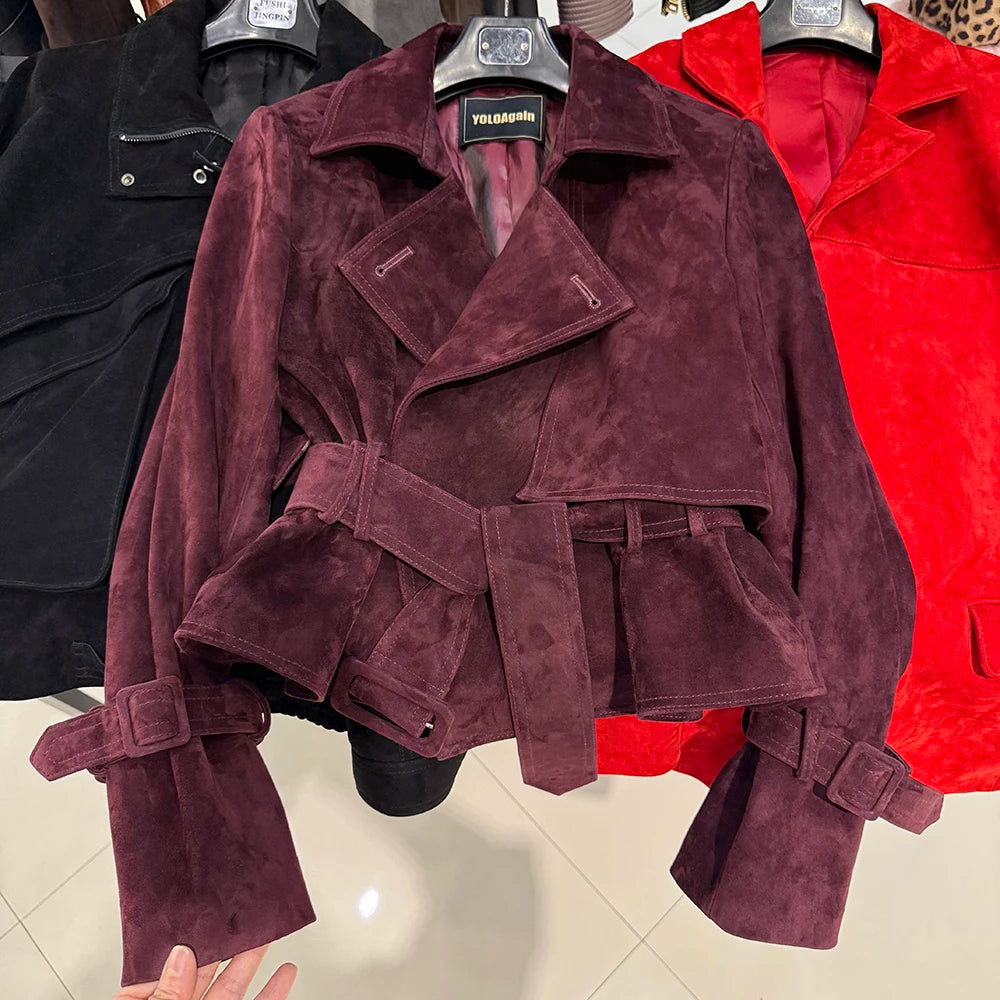 YOLOAgain 2025 Autumn Elegant Real Leather Jacket Coat Women Oversized Leather Jacket With Belt