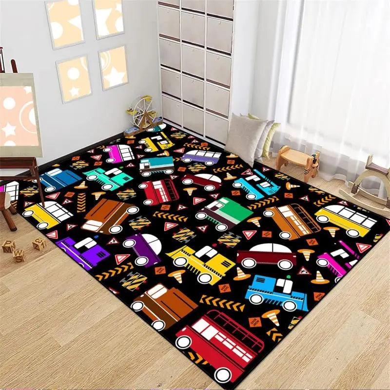 Construction Car Print Area Rug Washable Carpets for Kids Bedroom Living Room Kitchen Entrance Mat Non Slip Flannel Mats