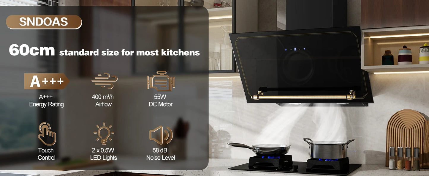 60cm Wall Hood - 400m³/h Suction, A+++ Energy, LED Lights, Dual Filter System, Retro Design‌