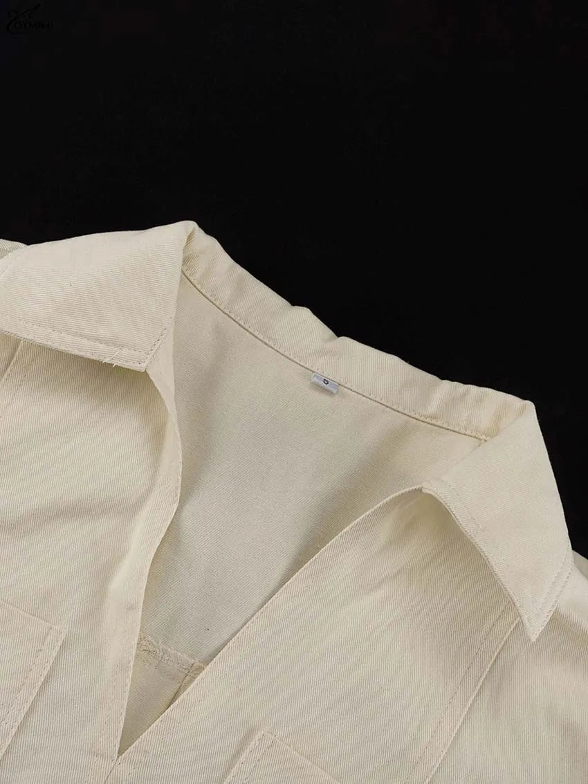 Oymimi Fashion Beige 2 Piece Sets Woman Outfit Elegant Lapel Short Sleeve Pockets Side Slit Shirts And High Waisted Shorts Sets
