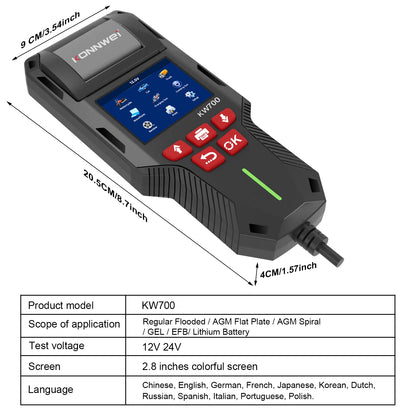 KONNWEI KW700 12/24V Car Truck Battery Tester 10-2000CCA With Printer Cranking Charging Test Tool Battery Analyzer Cranking Test