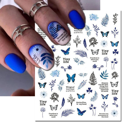 3d Nail Art Decals Elegant White RoyalBlue Roses Flowers Adhesive Sliders Nail Stickers Decoration For Nail Manicure