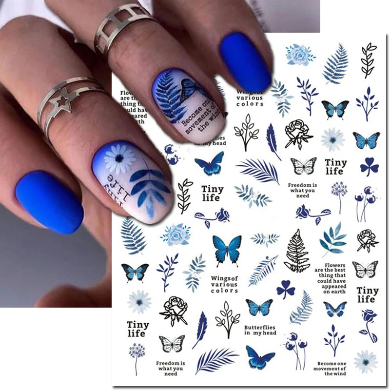 3d Nail Art Decals Watercolor Florals Purple Green Pink Flowers Leafs Fruit Adhesive Sliders Nail Stickers For Manicure